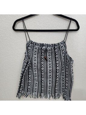 Black & White Boho Fringe Crop Top With Geometric Pattern And Wooden Bead Accent